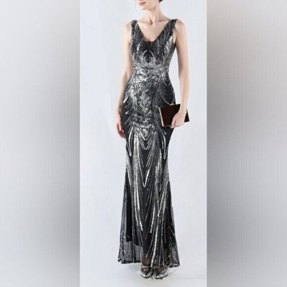 Black, Draped Skirt, Beaded Back,  V Neck,  Sleeveless, Sequined Mermaid… - Picture 4 of 12